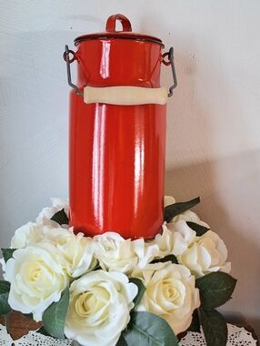 Vintage Made in Poland Enamelware 2L Milk Canister With Wood Handle